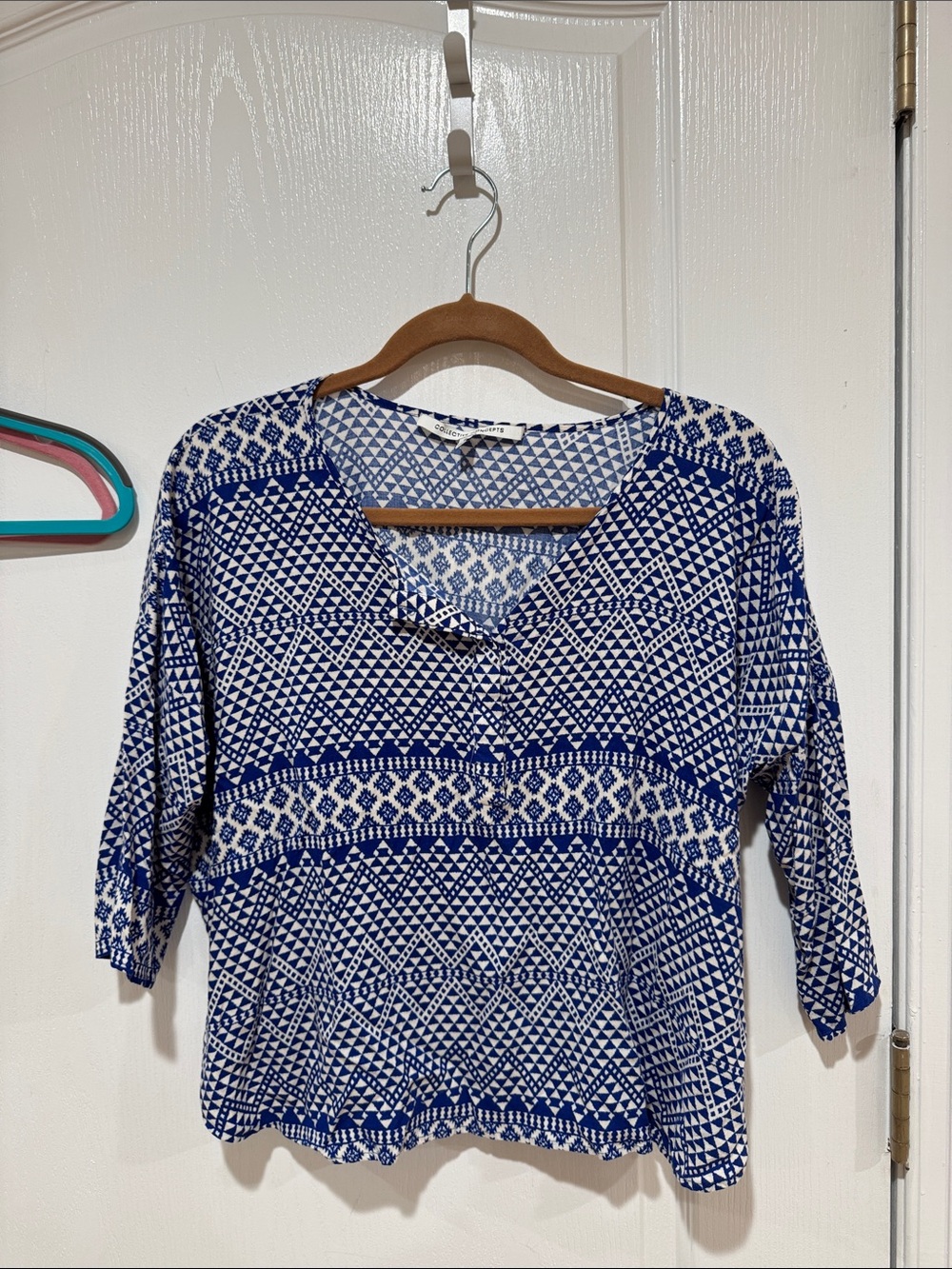 adidas Blue and White Patterned V-Neck Top